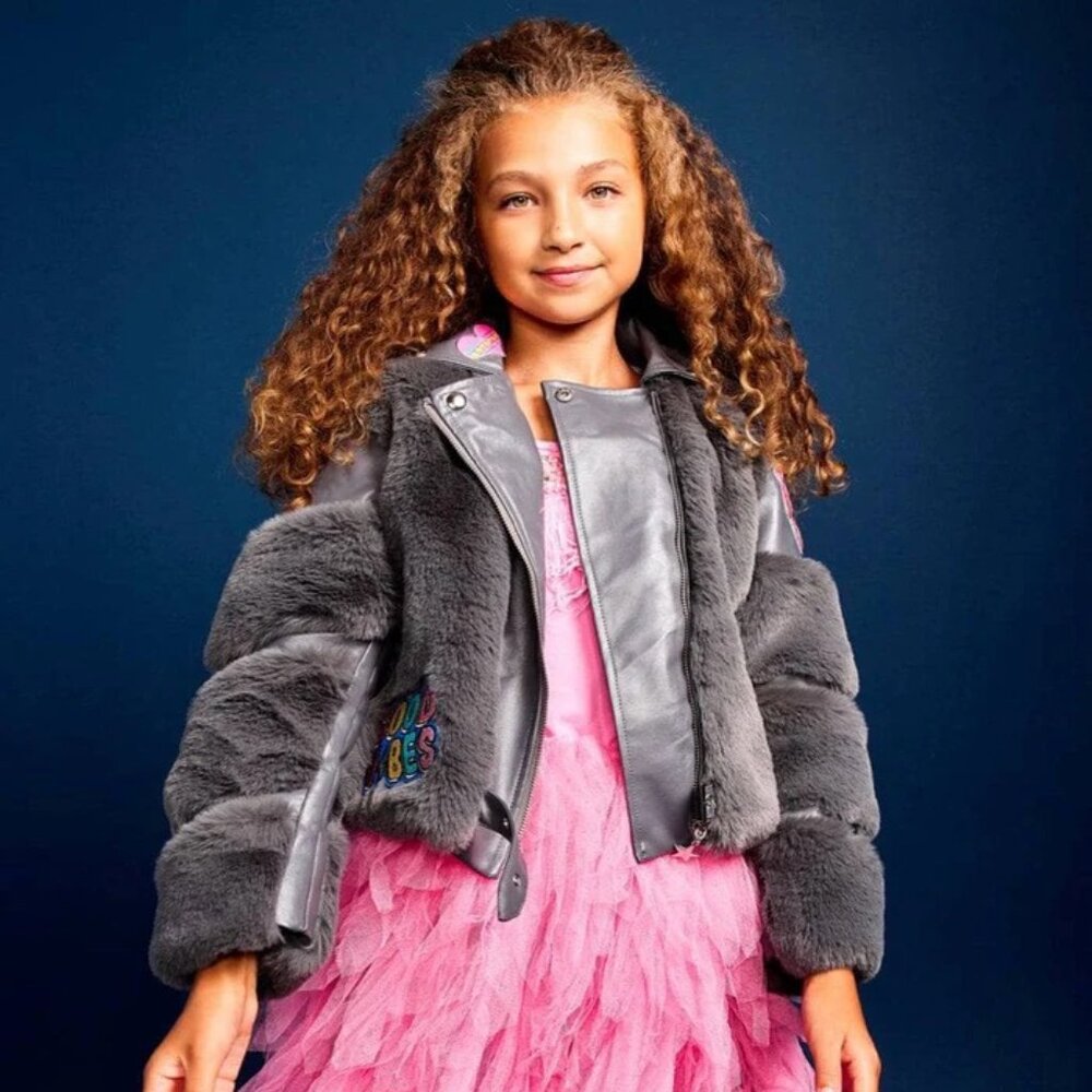 Lola + the Boys Grey Faux Fur Patch Moto Coat Jacket Size 12